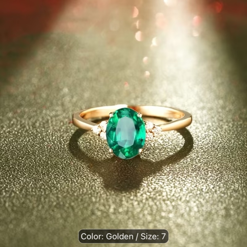 22 K Gold Plated Ring with Emerald Green Oval Synthetic Cubic Zirconia - size 7